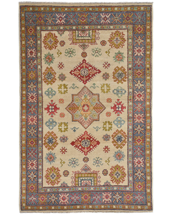 4x6 Beige Kuba Afghan Hand Knotted Wool Area Rug